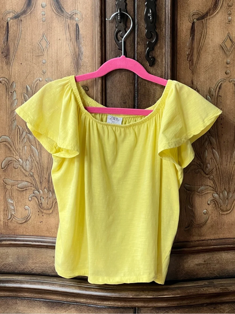 Zara Girls NWT Yellow Cotton Ruffle Flutter Sleeve Top On/Off Shoulder Sz 9